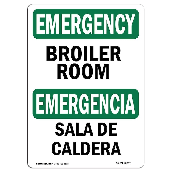 Safety Sign, OSHA EMERGENCY, 7" Height, Aluminum, Boiler Room Bilingual, Landscape